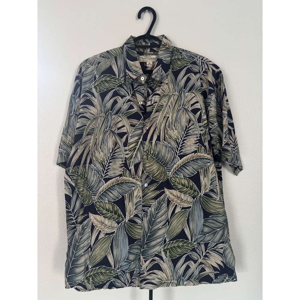 Tori Richard Honolulu Mens Large Cotton Lawn Tropical Leaf Aloha Shirt Navy G